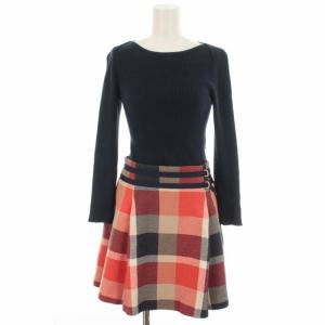 リブニット チェック ドッキングワンピース ひざ丈 36 S 紺 ネイビー マルチカラー