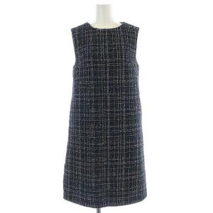 タイトワンピース ひざ丈 ノースリーブ ツイード バックジップ 紺 ネイビー