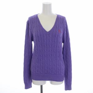 ニット セーター 長袖 Vネック ケーブル ロゴ刺繍 M 紫 パープル