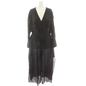 ロングガウン カーディガン ストライプ シフォン ラメ ギャザー Vネック 長袖 38 M 紺 ネイビー 赤 レッド