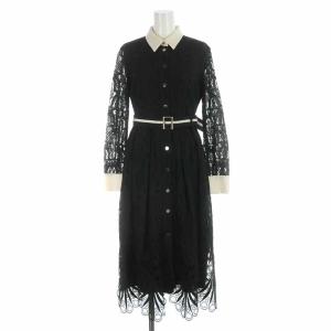 20AW フレアワンピース ロング 総レース シアー シースルー ベルト 長袖 36 ブラック