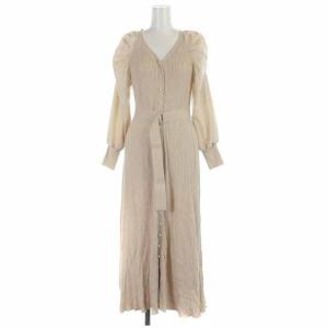 22SS ニットワンピース ロング 切替 リブ パールボタン ベルト 長袖 36 S ピンク