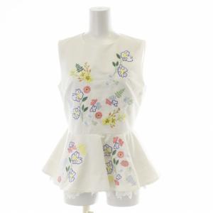 19SS 花柄刺繍レースペプラムトップス カットソー フリル プルオーバー ノースリーブ 0 XS 白 ホワイト