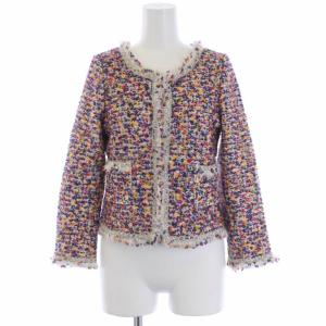 ノーカラーツイードジャケット ウール モヘヤ混 長袖 2 M マルチカラー