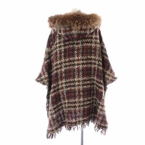 Diagram GRACE CONTINENTAL ポンチョ ツイード ラクーンファー フード フリンジ ウール混 モヘヤ混 アルパカ混 36 S 茶色 ブラウン マルチカラー