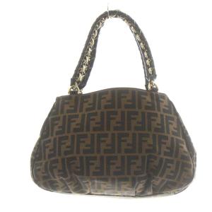 FENDI ミアチェーン ズッカ柄 ハンドバッグ キャンバス レザー 茶 8BR615
