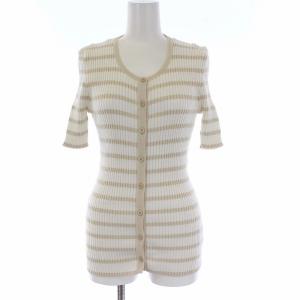 98P ヴィンテージ ニットカーディガン 半袖 ボーダー クルーネック 44 L 白 ホワイト ベージュ P10236V00445