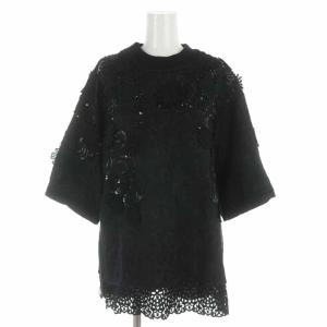 DOLCE&GABBANA カットソー チュニック シルク混 フラワー ビーズ スパンコール 七分袖 40 9 M 黒 ブラック