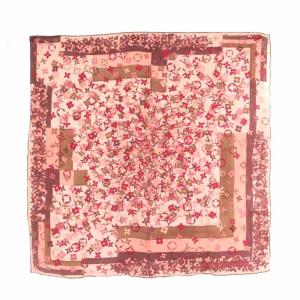 スカーフ シルク モノグラム フラワー ピンク 茶 ブラウン