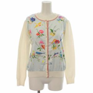カーディガン ニット 花柄 小鳥柄 パールボタン ウール混 長袖 F 白 ホワイト マルチカラー