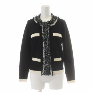 ニットカーディガン ツイード切替 長袖 ウール F 黒 ブラック 白 ホワイト