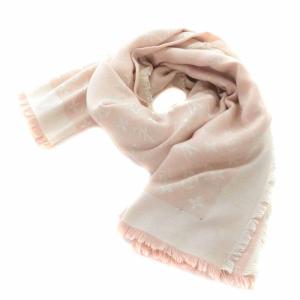 マフラー シルク ウール混 フリンジ モノグラム ピンク