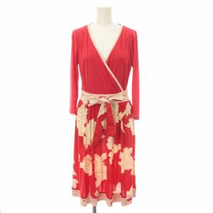 LEONARD FASHION カシュクールワンピース カンカン素材 バラ柄 ひざ丈 七分袖 36 レッド