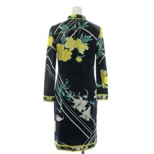 LEONARD FASHION 近年モデル カンカン素材 ワンピース ハイネック 花柄 ひざ丈 長袖 34 ネイビー