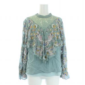 21SS マルチ刺繍フリルトップ ブラウス シャツ 長袖 花柄 38 M 水色 ライトブルー