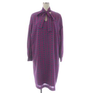 19AW ハートプリントボウタイ付ワンピース ひざ丈 長袖 総柄 36 S 紫 パープル 水色 ライトブルー 39331056