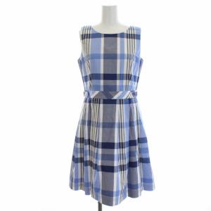 ワンピース ひざ丈 ノースリーブ チェック柄 コットン 38 M 青 ブルー 水色 ライトブルー