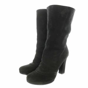 PRADA ミドルブーツ レザー ラウンドトゥ ハイヒール 37 24cm 黒 ブラック