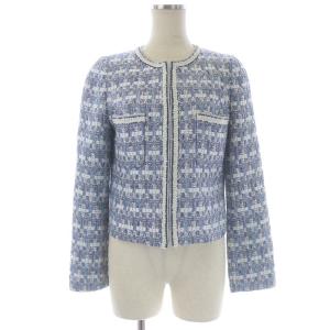 ノーカラージャケット ツイード ラメ 38 M 青 ブルー 水色 ライトブルー 白 ホワイト