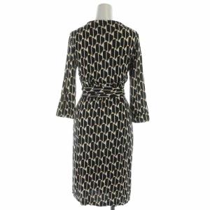 DIANE von FURSTENBERG ラップワンピース 巻きワンピース ひざ丈 シルク 総柄 リボン 七分袖 2 M 黒 ブラック ベージュ