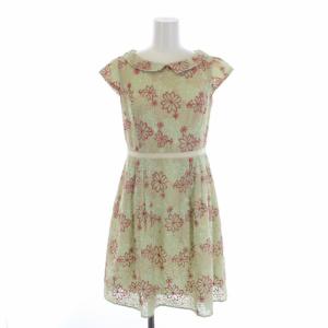 フラワー刺繍ワンピース ひざ丈 半袖 花柄 襟付き 0 XS 黄緑 CW.0350
