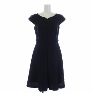 2018年製 ワンピース ひざ丈 半袖 Vネック リボン柄 ボーダー 0 XS 紺 ネイビー YS.0140