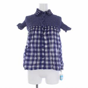 プリーツ切替 ブラウス 半袖 チェック 変形 紫 白