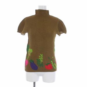 プリーツ ハイネックカットソー 半袖 野菜 プリント 茶 ブラウン