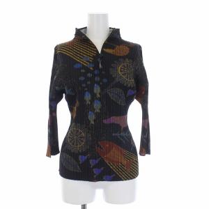 プリーツ ハイネックカットソー 七分袖 総柄 3 黒 マルチカラー