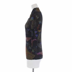 PLEATS PLEASE ISSEY MIYAKE プリーツ ハイネックカットソー 七分袖 総柄 3 黒 マルチカラー