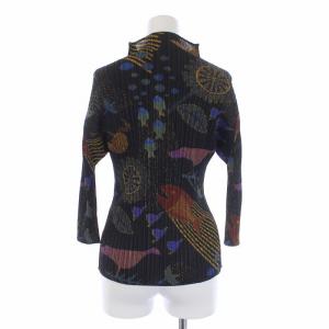 PLEATS PLEASE ISSEY MIYAKE プリーツ ハイネックカットソー 七分袖 総柄 3 黒 マルチカラー