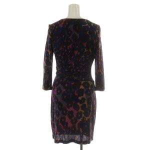 DIANE von FURSTENBERG ワンピース ひざ丈 七分袖 シルク 絹 総柄 2 S マルチカラー 青 ブルー 紫 パープル 茶 ブラウン