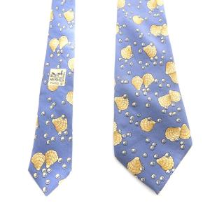 HERMES ワイドタイ ネクタイ 貝柄 総柄 シルク 絹 ベージュ 青 ブルー