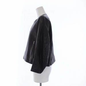 Drawer ラムレザー ノーカラージャケット ジップアップ 七分袖 ショート丈 羊革 黒 ブラック