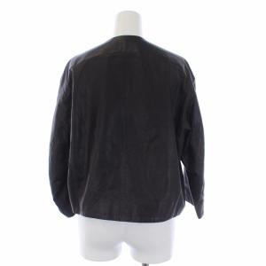Drawer ラムレザー ノーカラージャケット ジップアップ 七分袖 ショート丈 羊革 黒 ブラック