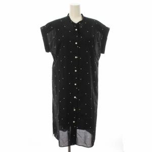 シャツワンピース バンドカラー ドット ひざ丈 半袖 1 S 黒 ブラック 白 ホワイト
