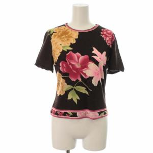 FASHION カットソー ニット 花柄 プルオーバー ウール 絹混 シルク混 半袖 M 茶 ブラウン マルチカラー