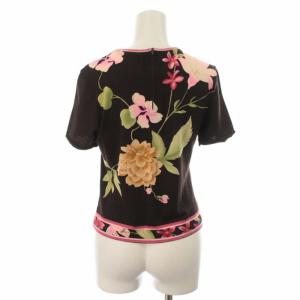 LEONARD FASHION カットソー ニット 花柄 プルオーバー ウール 絹混 シルク混 半袖 M 茶 ブラウン マルチカラー