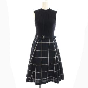 ワンピース ノースリーブ リブ ニット スカート チェック 38 M ネイビー 紺