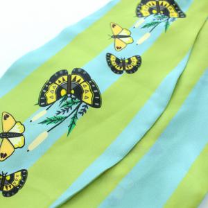 FURLA シルクリバーシブルナロースカーフ ボタニカル 蝶々 ストライプ シルク 黄緑 グリーン 水色 ライトブルー