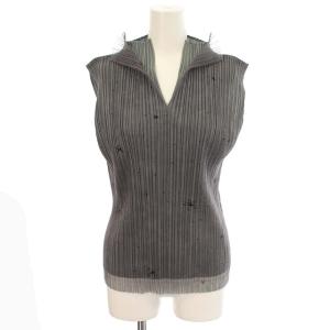 イッセイミヤケ ノースリーブ カットソー ハイネック チュール プリーツ 花柄  4 グレー