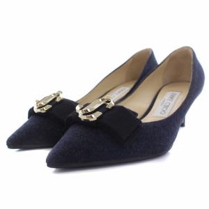 JCファセットロゴ パンプス ミドルヒール ポインテッドトゥ リボン スエード 35 紺