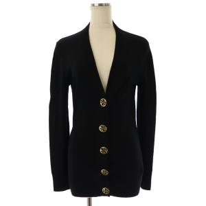 ロングカーディガン ニット 長袖 Vネック ロゴボタン ウール S 黒 ブラック