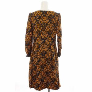 OLD ENGLAND ワンピース ダマスク柄 ウール ひざ丈 七分袖 34 S オレンジ 紺 ネイビー