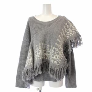 20AW ニット セーター 長袖 ウール混 アンゴラ混 フリンジ 36 S グレー 白 ホワイト