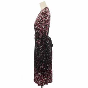 ISSA LONDON ニットワンピース カシュクール ひざ丈 総柄 シルク 長袖 UK8 ブラック ピンク ホワイト