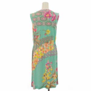 LEONARD ワンピース ニット カットソー 花柄 ひざ丈 ノースリーブ 40 ライトグリーン マルチカラー