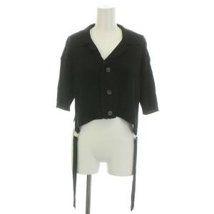 ニットカーディガン オープンカラー 半袖 ショート丈 クロップド丈 リブ編み ヴィンテージ M 黒 ブラック