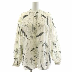 ブラウス シャツ カットソー ギャザー バンドカラー バルンスリーブ クルーネック 長袖 花柄 薄手 36 S 白 ホワイト