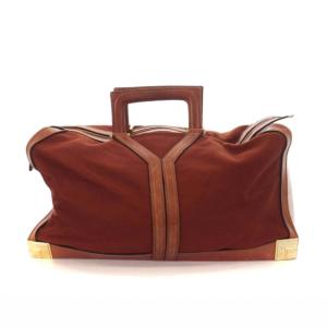 YVES SAINT LAURENT ボストンバッグ トラベル ハンド 裏地ロゴ キャンバス レザー ブラウン